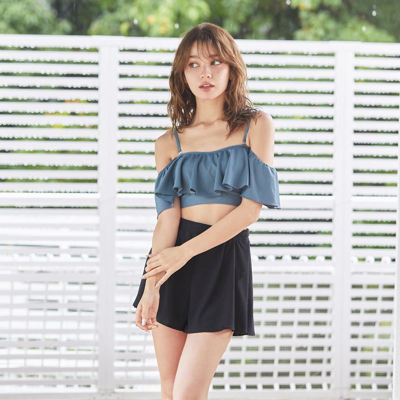 PEAK&PINE モノトーンフラワー オフショルダー ワンピース 水着 ギンガムチェックオフショルダーワンピ見えビキニ(238021)｜水着