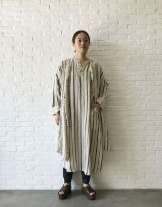 パドカレ　黒と茶のグラデーション 長袖ワンピース　リネン100% パドカレ 黒と茶のグラデーション 長袖ワンピース リネン100