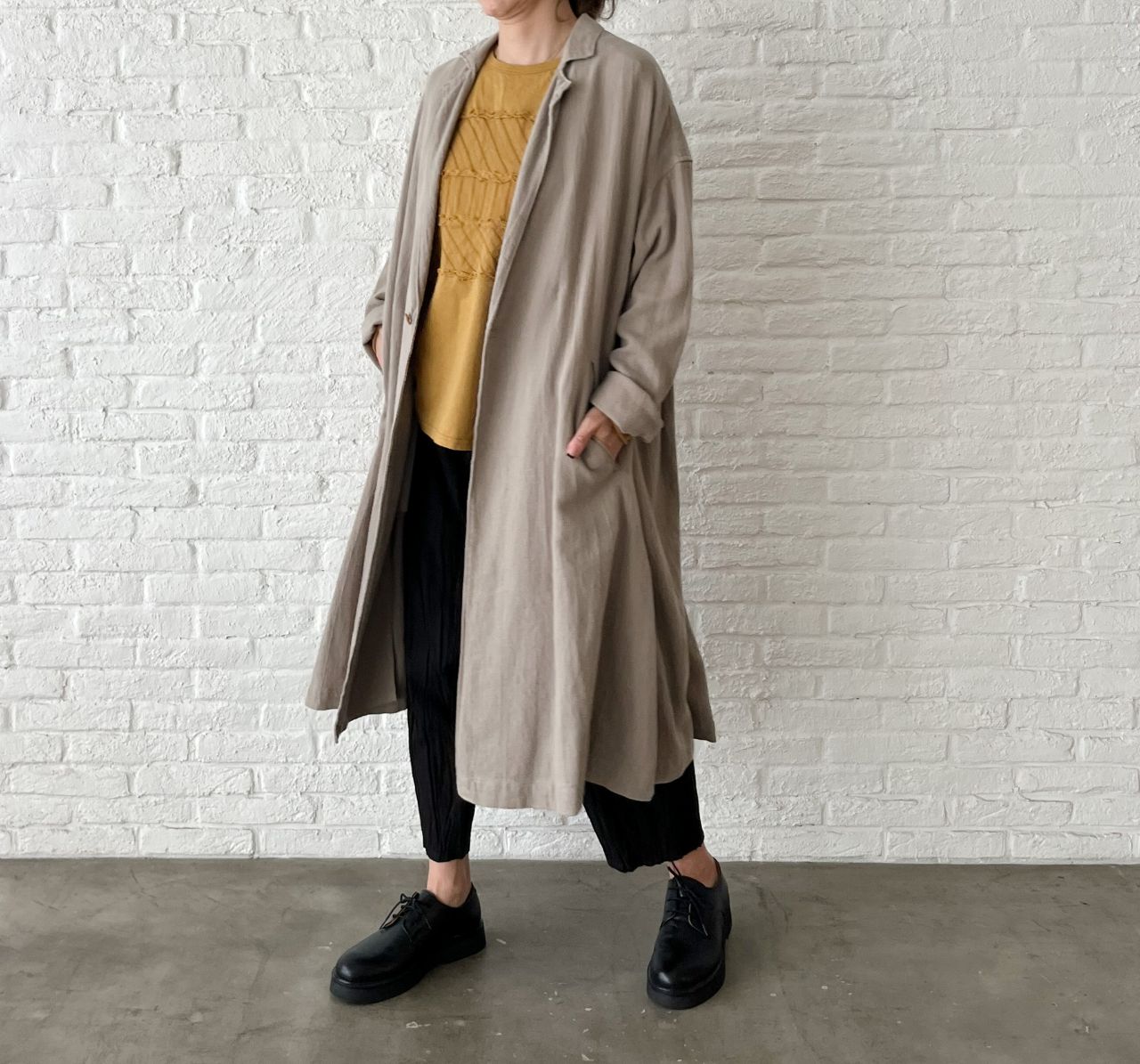 【未使用】23区 コットン リネン カルゼ ノーカラー コート キャメル 40 先染めコットンリネンカルゼ コート | pas de calais Online | pas de