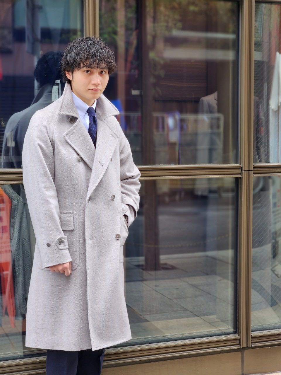 ユニバーサルランゲージ ダブルポロコート ライトグレー