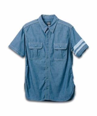 MOMOTARO JEANS デニムブルー　シャンブレー　半袖シャツ M 出陣 出陣！！ シャンブレー半袖シャツ｜MOMOTARO JEANS MOMOTARO