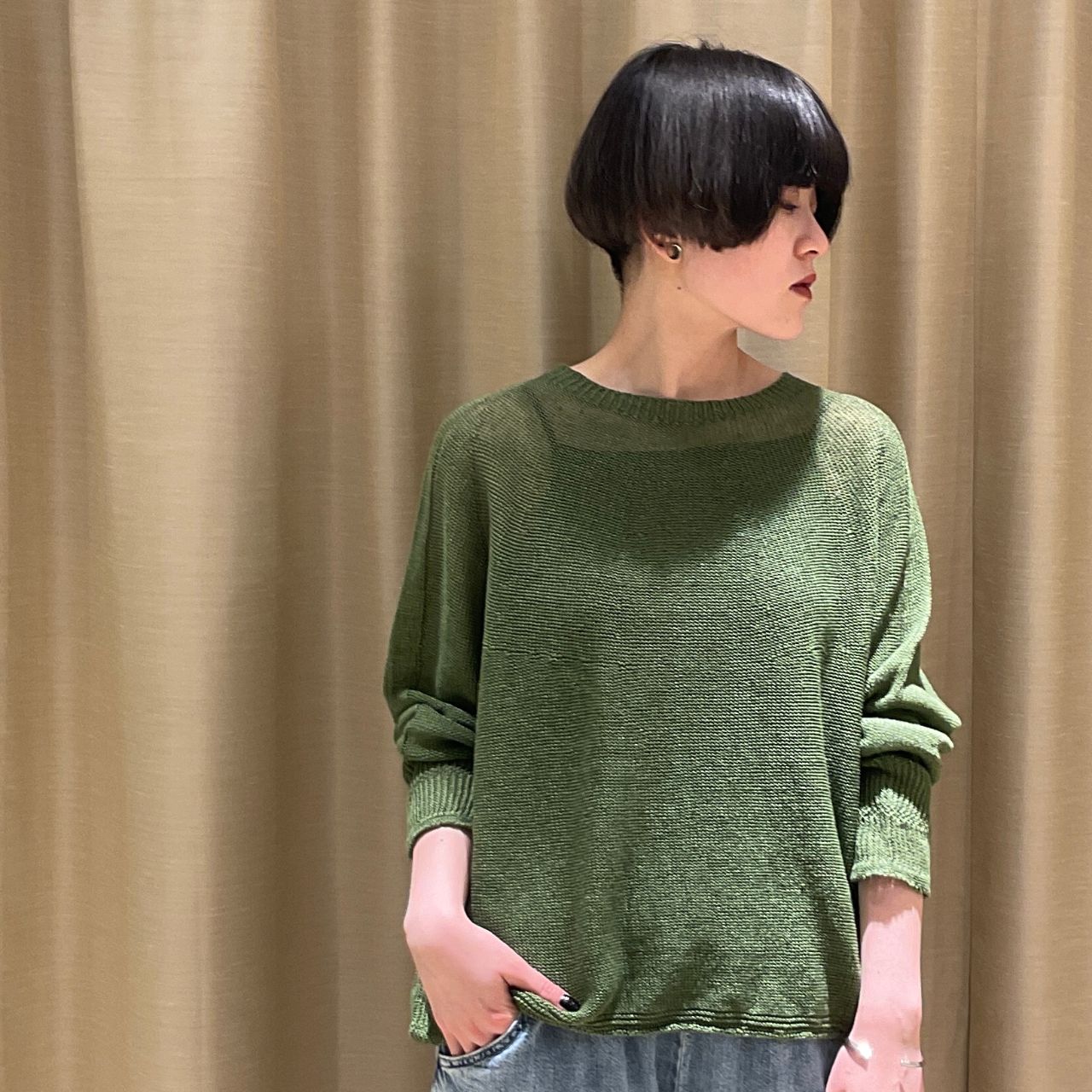 2021SS パドカレ pas de calais コットン ナイロン インサイドアウト ニット プルオーバー 36｜カーキ系【2400014763188】 2021SS パドカレ pas de calais コットン ナイロン インサイドアウト
