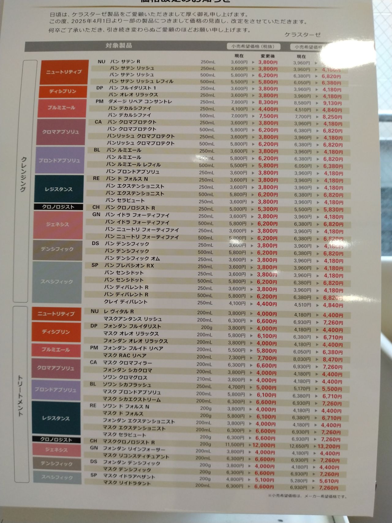 ケラスターゼ商品価格改定｜美容室カキモトアームズ 自由が丘クレオ店