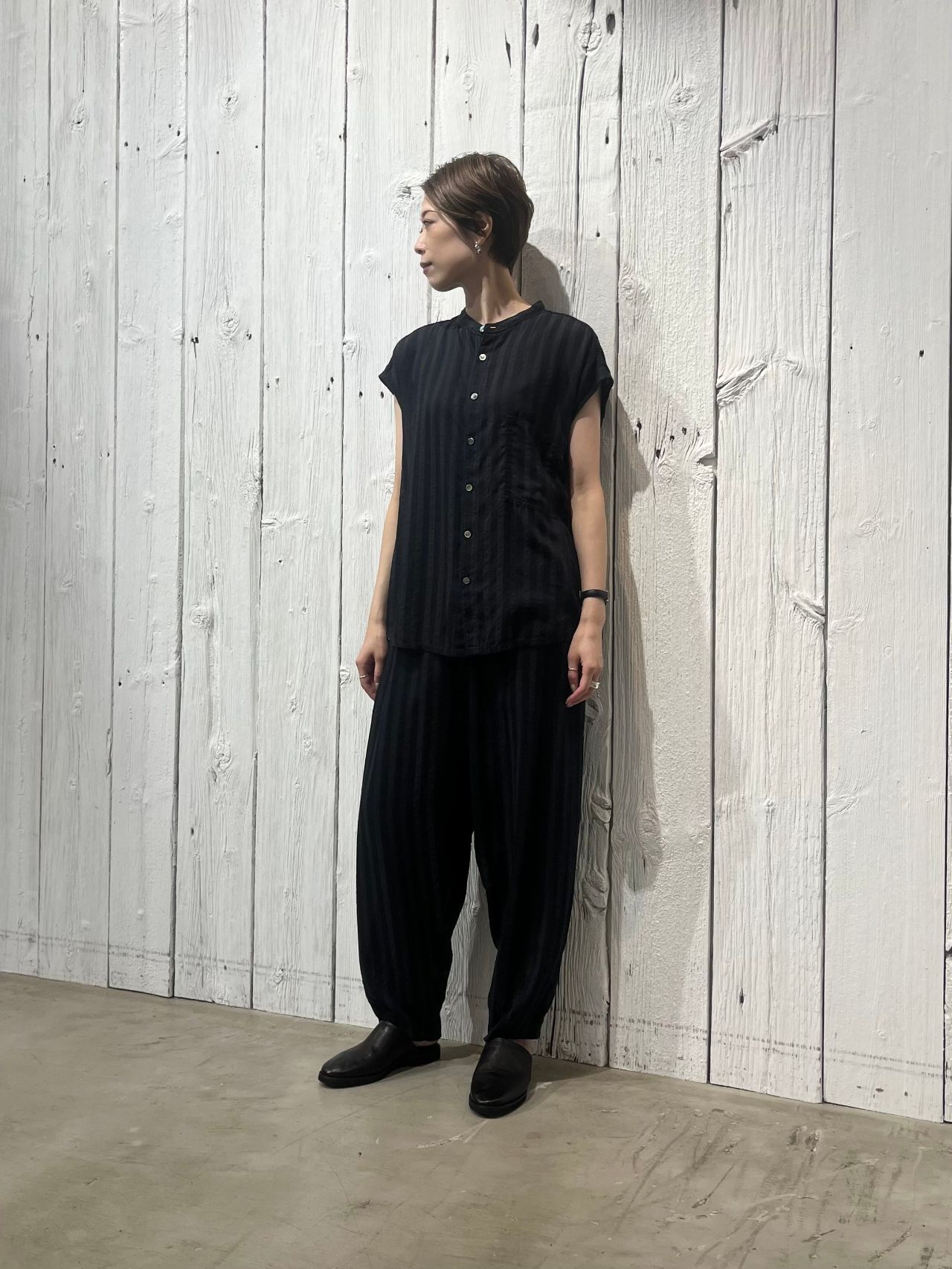 パドカレウールパッチワークジャケット美品 ウォッシャブル】ジャケット 2つボタン ストレッチ 黒無地 S＆M