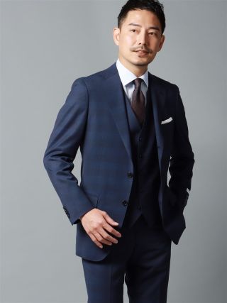スーツカンパニー チェック柄 スリーピース スーツ ネイビー オールシーズン ベーシックなネイビースーツに飽きたらコレを！｜THE SUIT