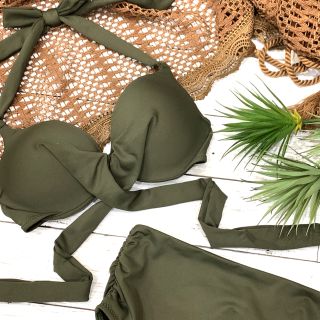 カーキのリゾートビキニ レースレディース Lace Ladies シンプルノンワイヤービキニ 水着