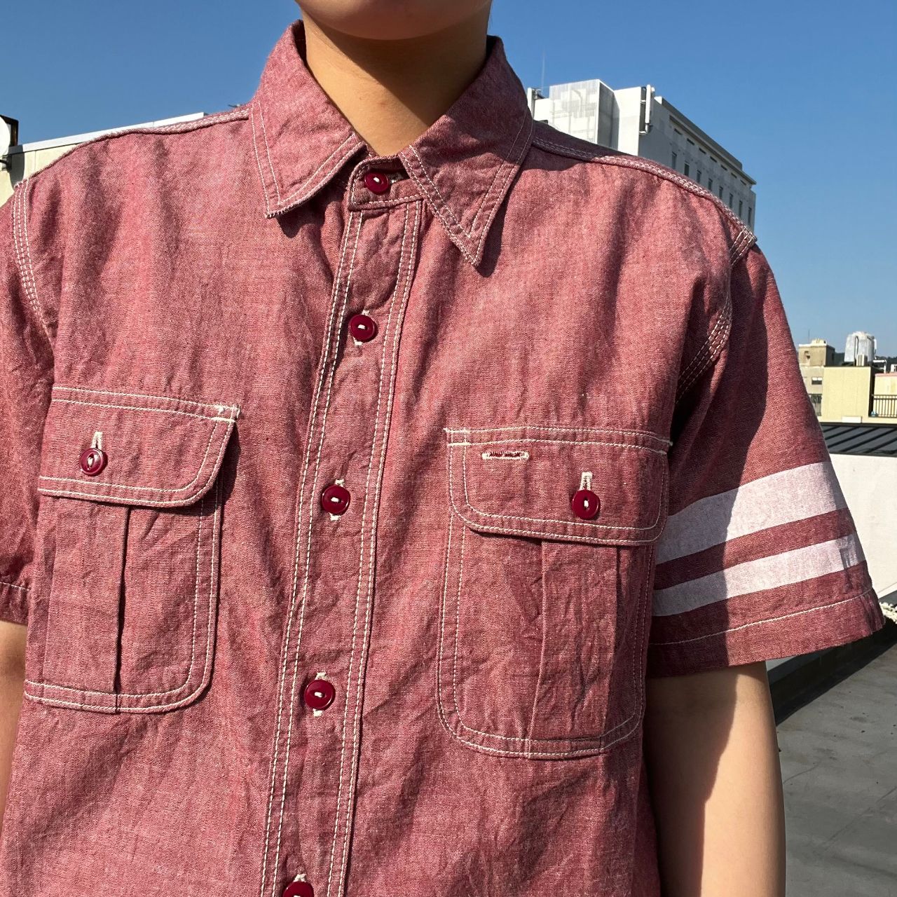MOMOTARO JEANS デニムブルー　シャンブレー　半袖シャツ M 出陣 出陣！！ シャンブレー半袖シャツ｜MOMOTARO JEANS MOMOTARO