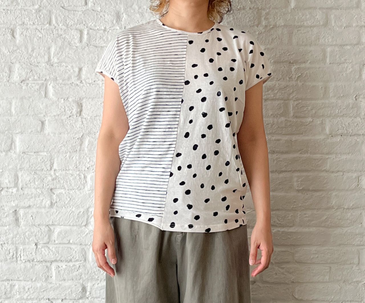 期間限定！10%OFF】ドット＆ボーダー天竺 フレンチスリーブプル