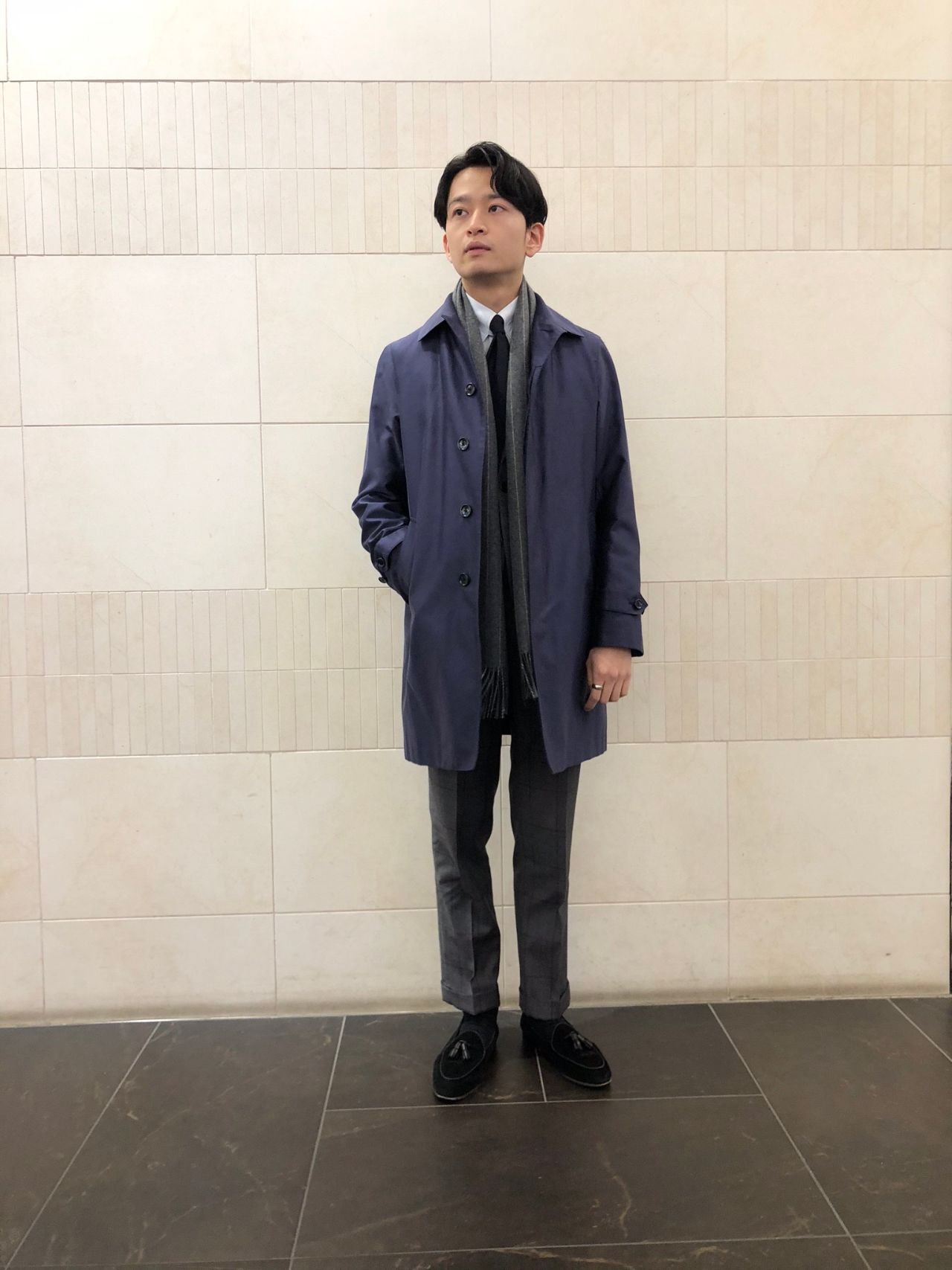 ロロピアーナ × シップス・ベルテッドステンカラーコートヘリンボーン ベージュS DUNFORD】【Loro Piana/ロロ・ピアーナ】ウールツイルステン