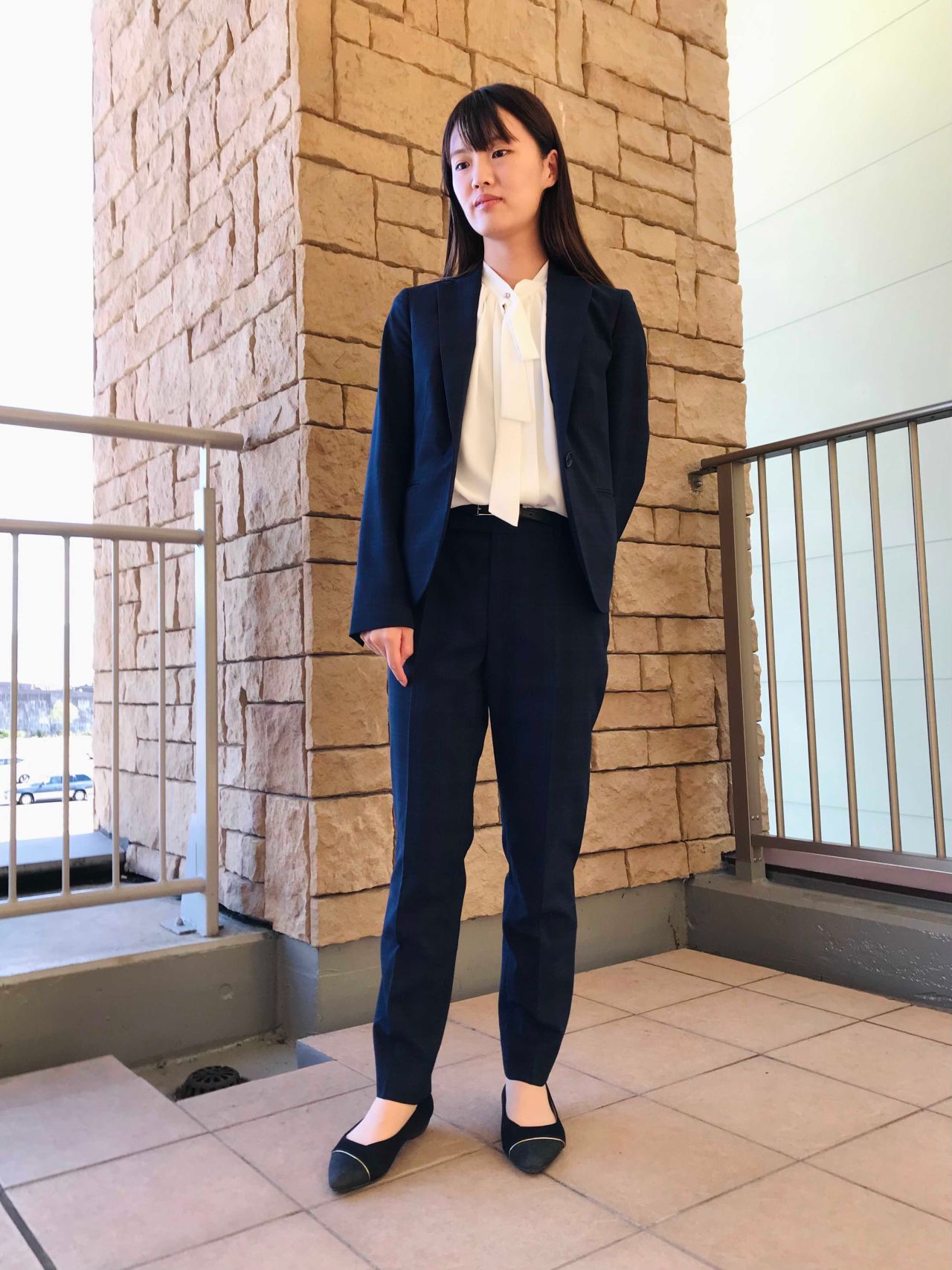 極美品✨レダ✨ユニバーサルランゲージ チェック パンツスーツ ネイビーブルー ジャケット／Vカラー／ウォッシャブル／ストレッチ／マイクロ