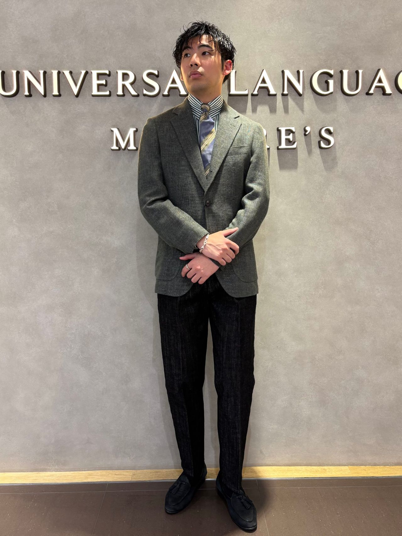 極美品 UNIVERSAL LANGUAGE デニム　テーラードジャケット　3 大人の】綺麗めデニムスタイル｜UNIVERSAL LANGUAGE MEASURE'S