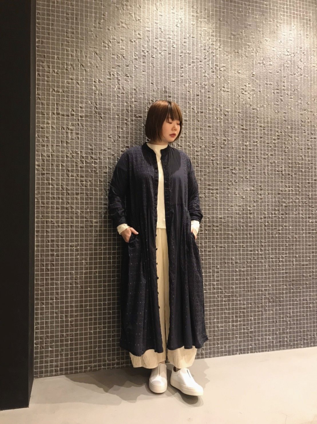 パドカレ チェックロングワンピース パッチワーク ウール ゆったり 白黒 着回しコーディネート》ドビーチェック＆ストライプ ワンピース