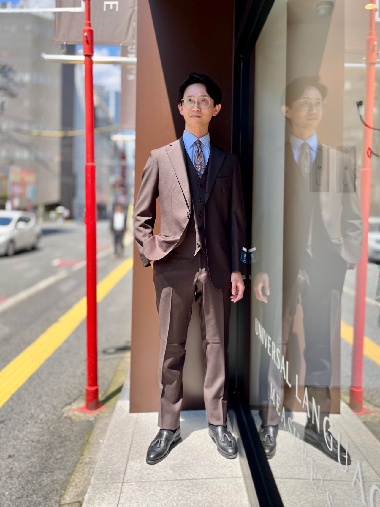 美品 ユニバーサルランゲージ チェルッティ セットアップ スーツ ブラウン PERFORMANCE SUIT／ジャケット＆パンツセットアップ