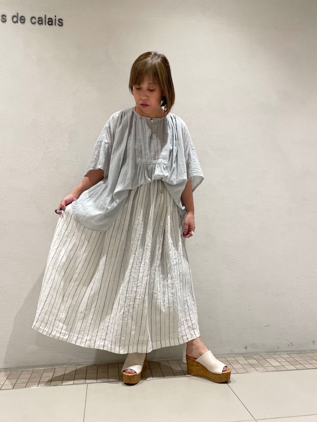 パドカレ pas de calais レースブラウス 半袖 綿100％ ブルー Dentelle