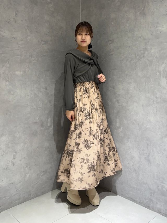 ショールカラー花柄ドッキングワンピース