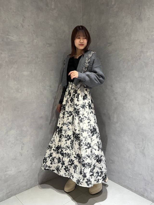 ショールカラー花柄ドッキングワンピース